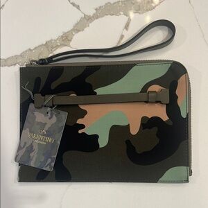 Valentino Camouflage Wristlet in Green, Black, Brown, Tan